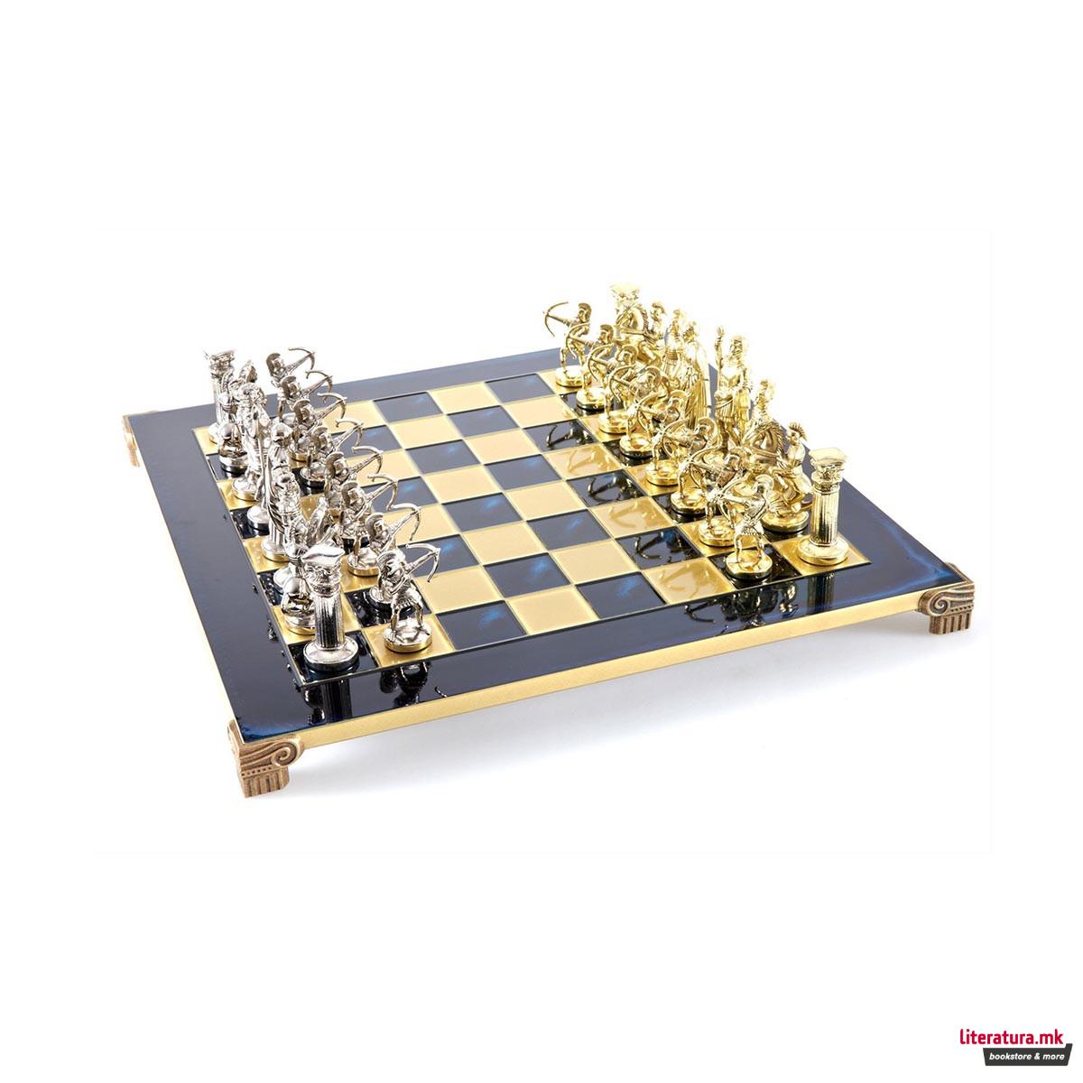 Сет за шах, Handcrafted Archers Set, голем, син со златни/сребрени фигури 