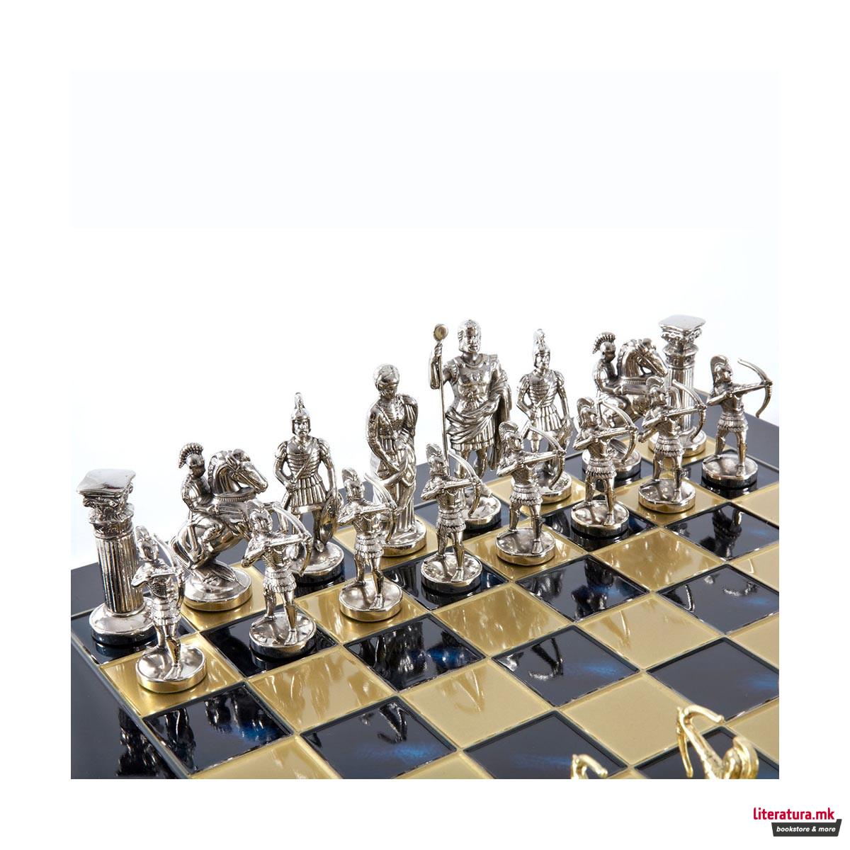 Сет за шах, Handcrafted Archers Set, голем, син со златни/сребрени фигури 