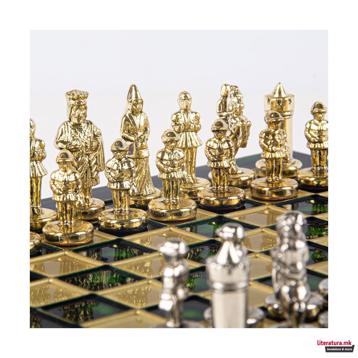 Сет за шах, Byzantine Empire, екстра мал, зелен со златни/сребрени фигури 