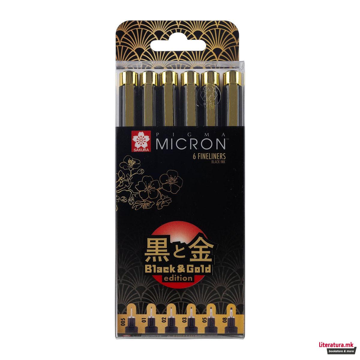 Сет фајнлајнери, Sakura, Pigma Micron, Black & Gold Edition, 1/6