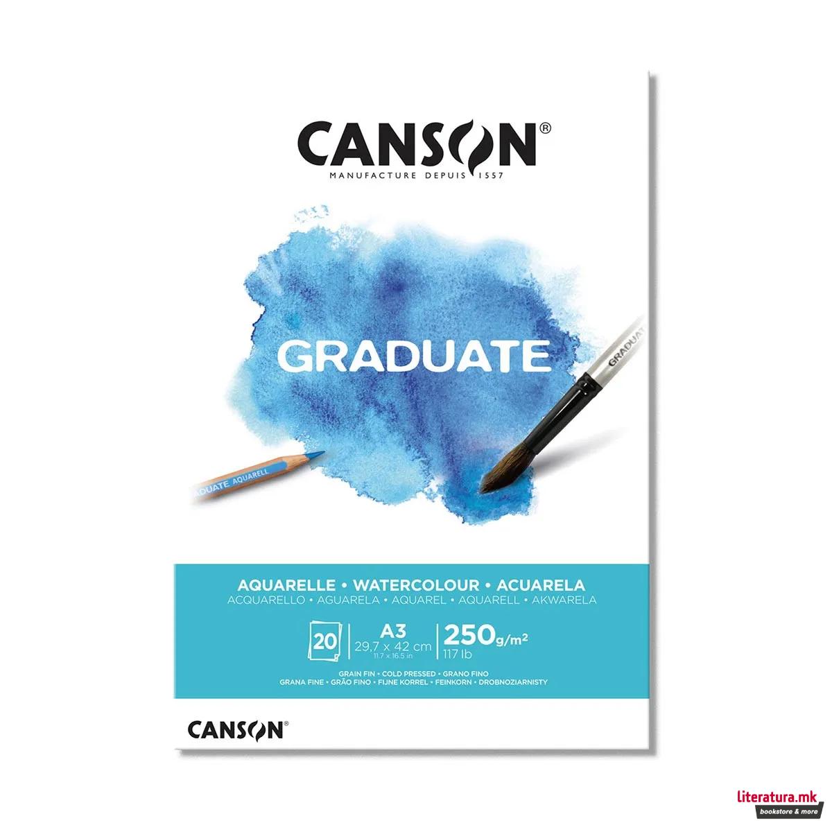 Хартија за акварел - блок, Canson, Graduate - Aquarelle, A3, 250 г/м²