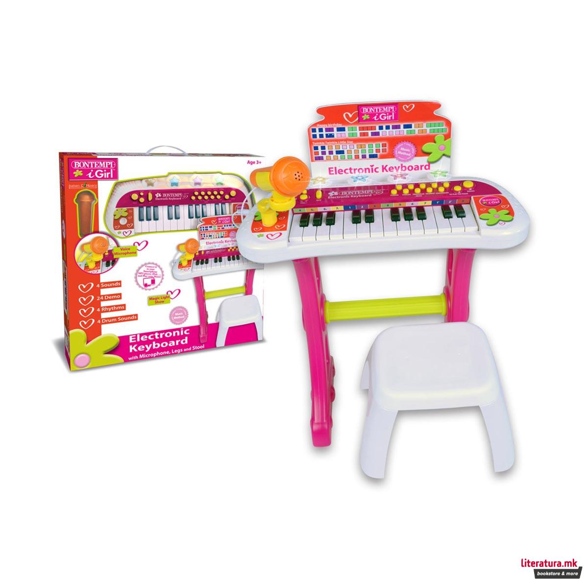 Електронска клавијатура со столче и микрофон, iGirl, Electronic Keyboard, 24 клавиши