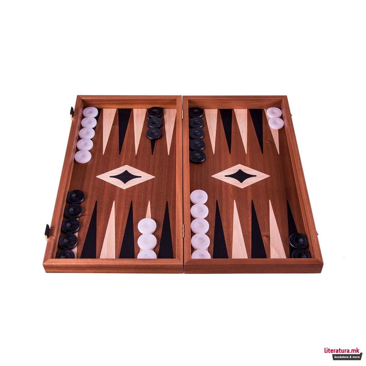 Сет за табла и шах, Handcrafted Mahogany - Elegant Marquetry Design, мал, црн 