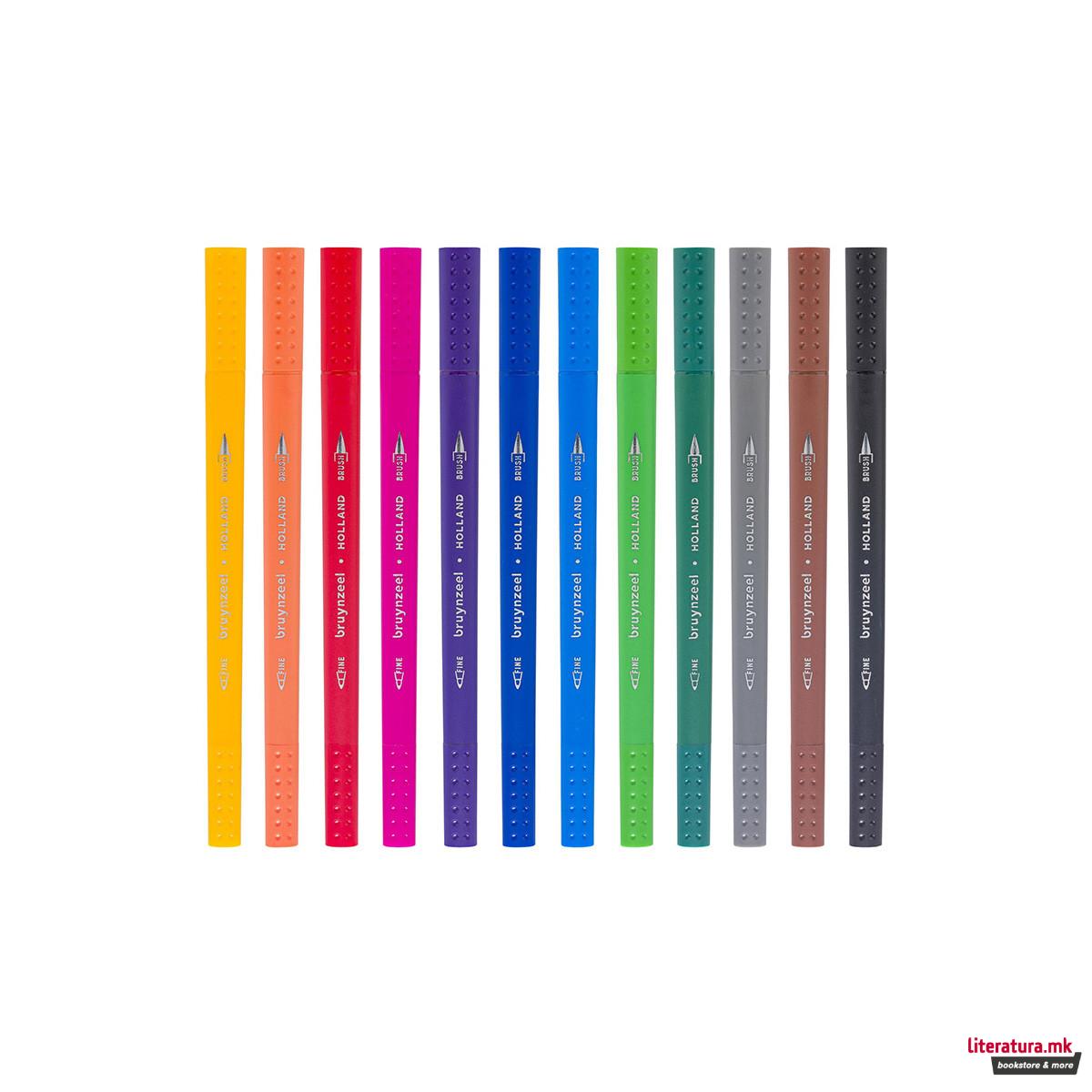 Сет фајнлајнери/брашпенс - двостран, Bruynzeel, Fineliner/brush pen set, 12 бои