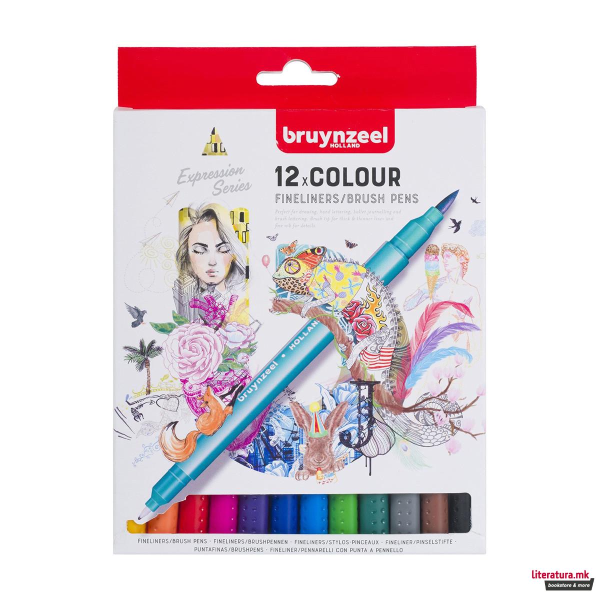 Сет фајнлајнери/брашпенс - двостран, Bruynzeel, Fineliner/brush pen set, 12 бои