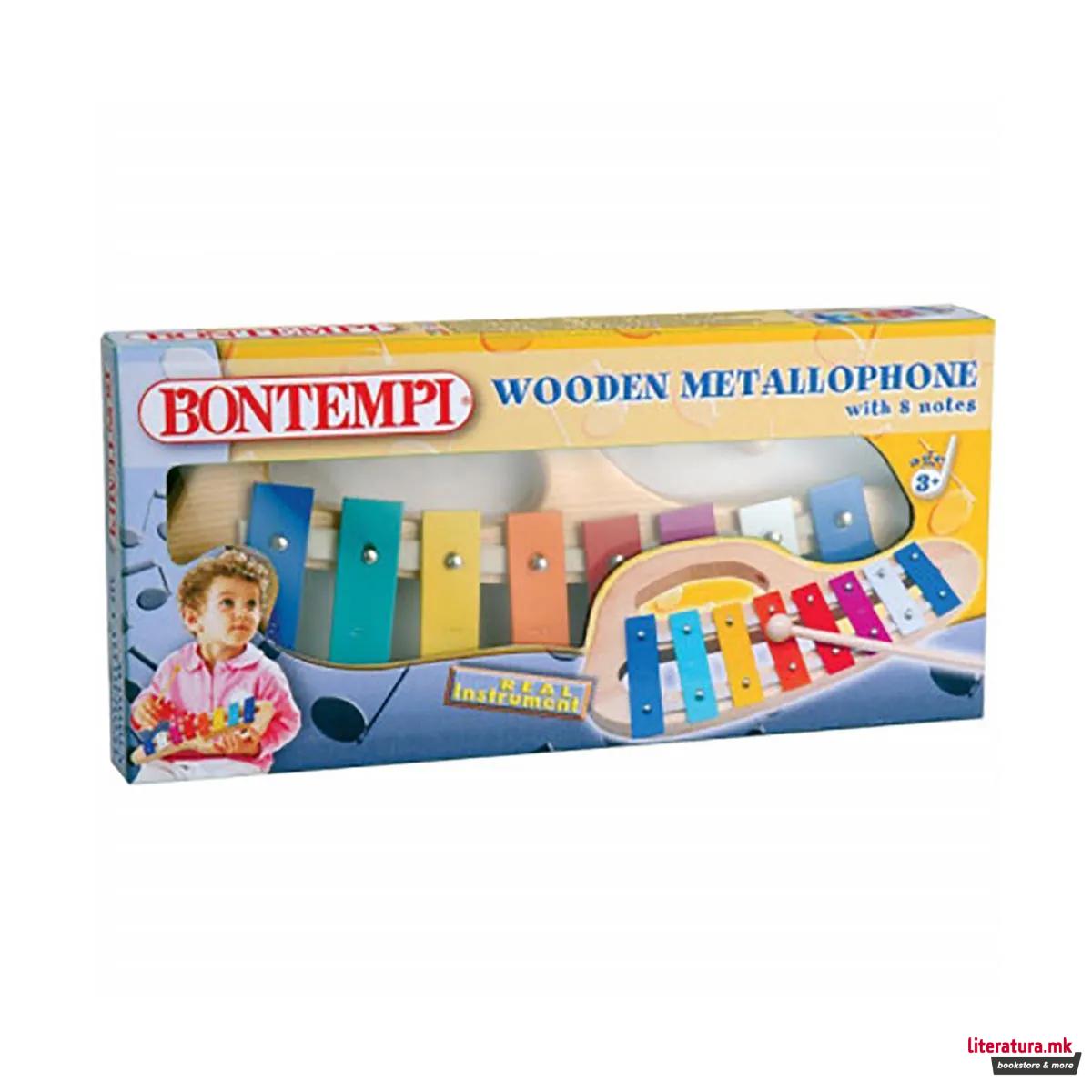 Дрвен металофон со 1 стапче, Wooden metallophone, 8 шарени плочки