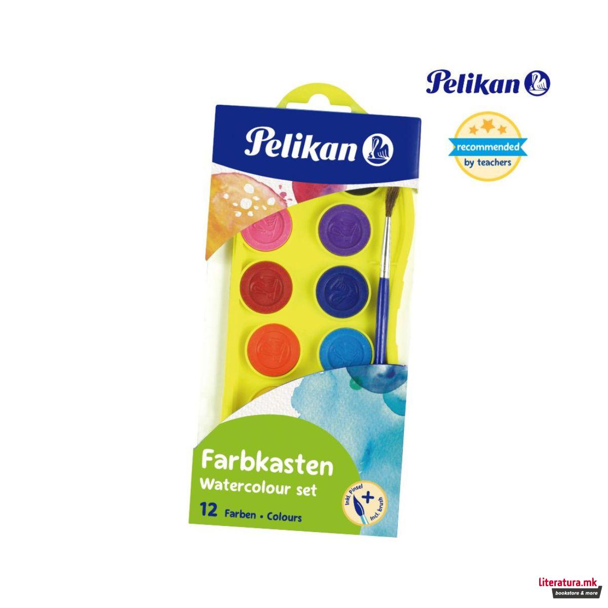 Водени бои + четка, Pelikan Junior, 12 бои