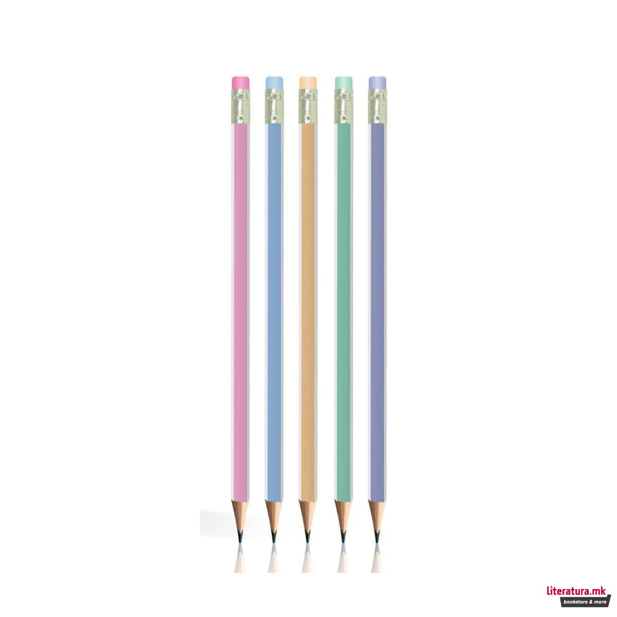 Дрвен молив со гума, S-Cool - Pastel, HB, 5 бои 
