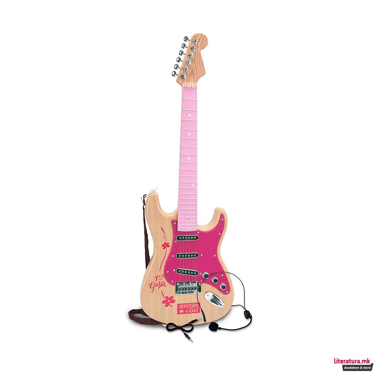 Електронска рок гитара со ремен, Electronic Guitar, 67cm, розева 