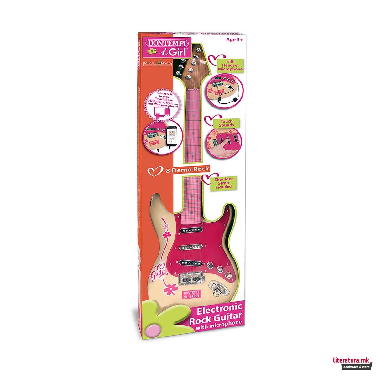 Електронска рок гитара со ремен, Electronic Guitar, 67cm, розева 