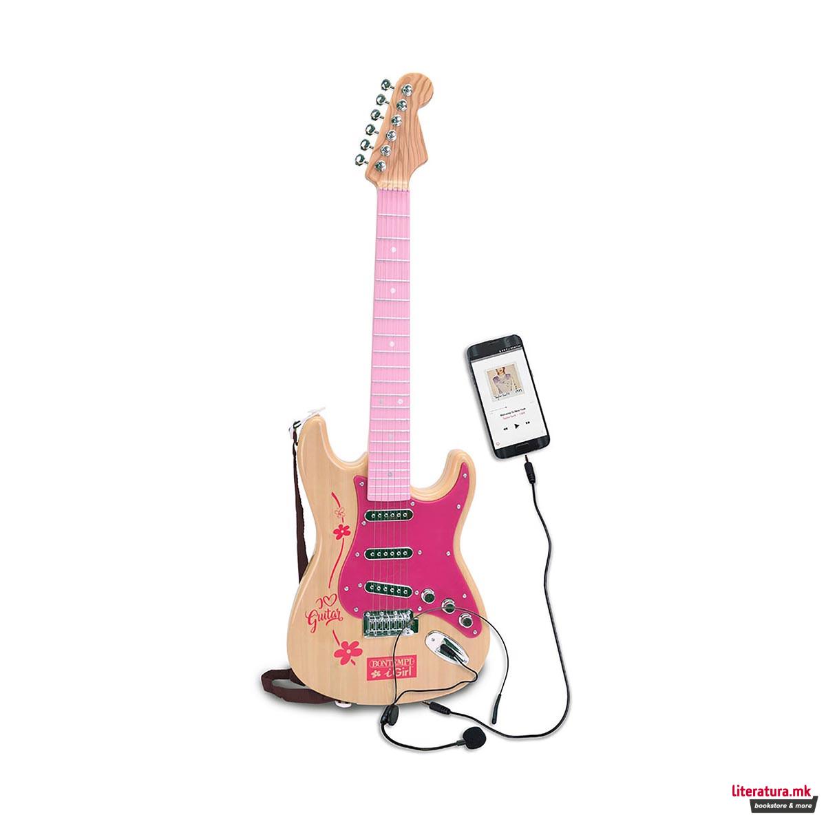 Електронска рок гитара со ремен, Electronic Guitar, 67cm, розева 