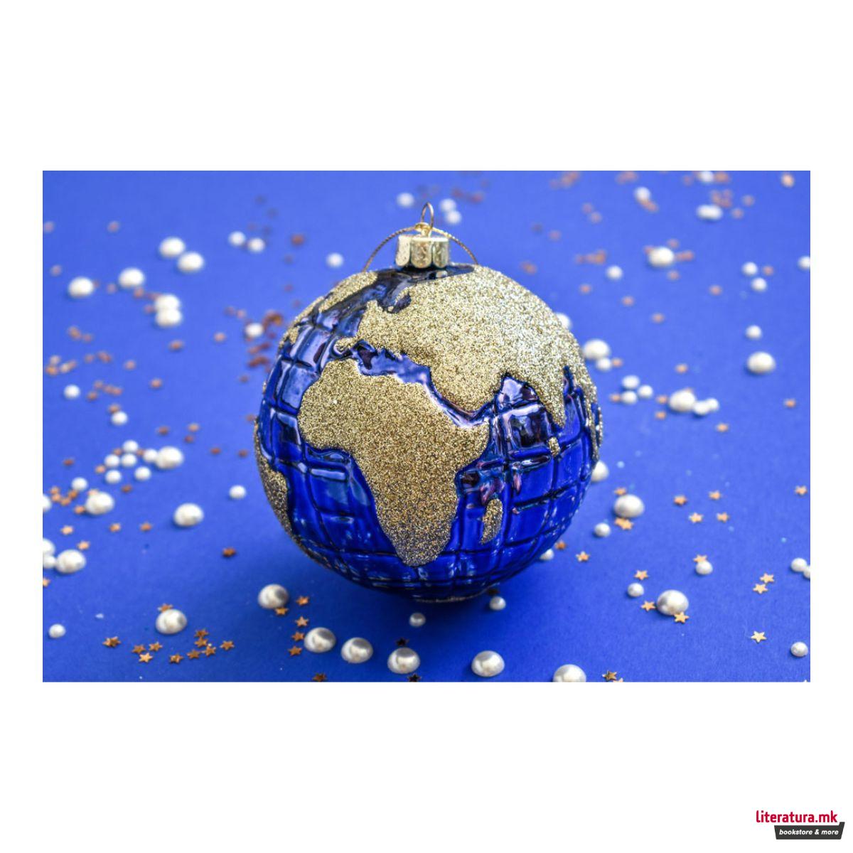 Лампион, Blue Globe - gold glitter, Ø8cm 