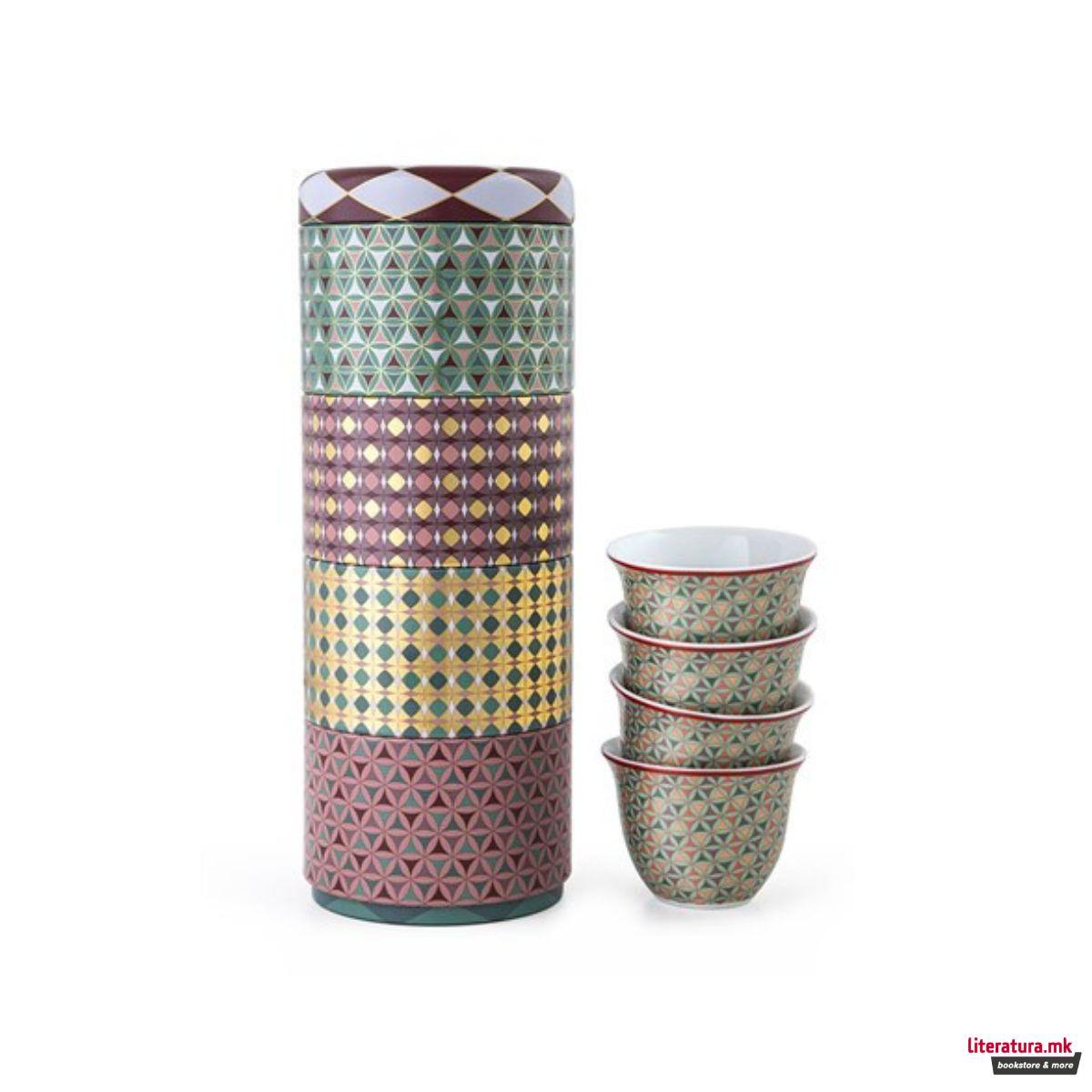 Сет од 4 шолји за кафе и метална кутија, Opera, 60ml 