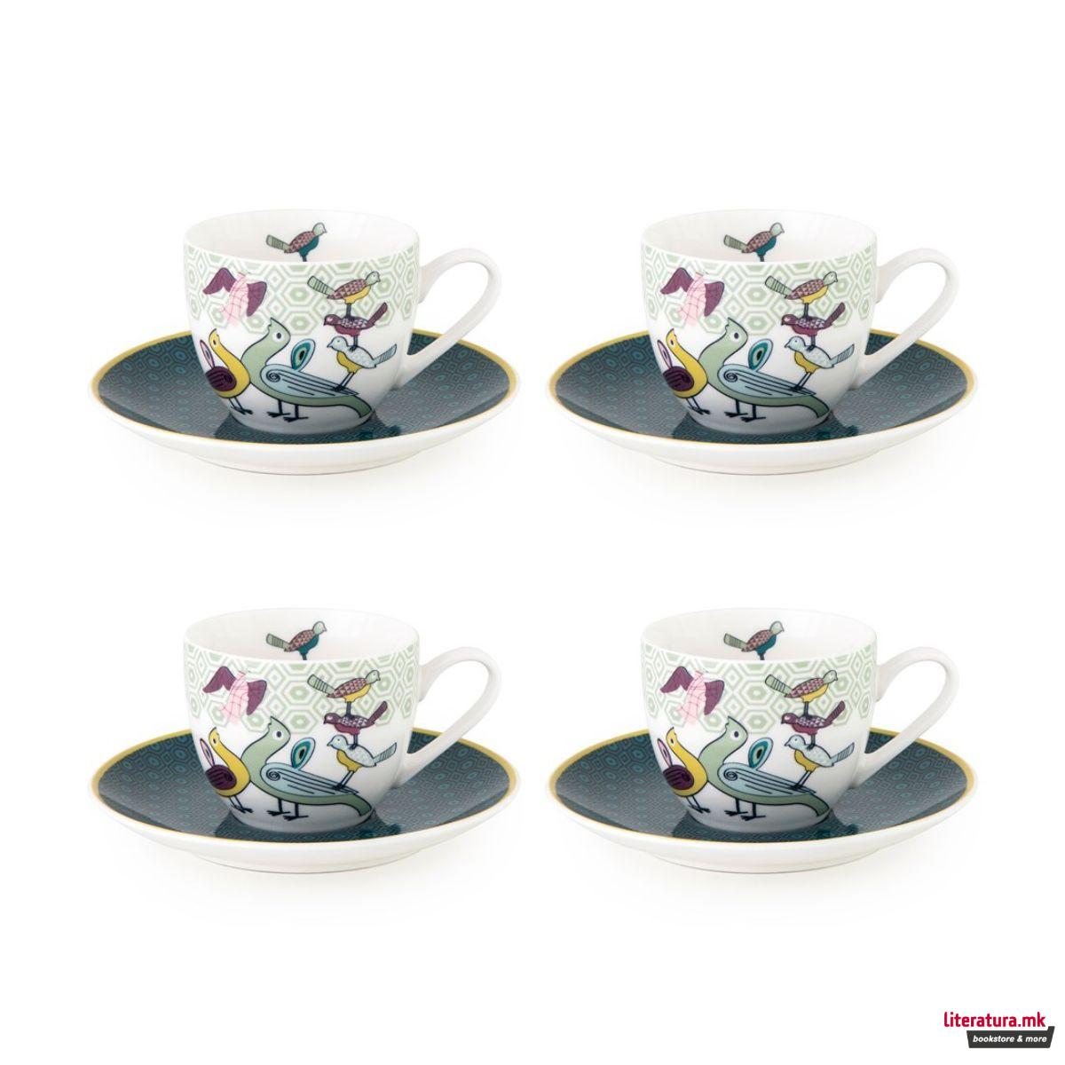Сет од 4 шолји за кафе со тацни, Birds of Paradise, 90ml 
