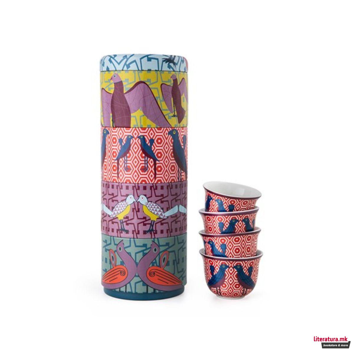 Сет од 4 шолји за кафе и метална кутија, Birds of Paradise, 60ml 