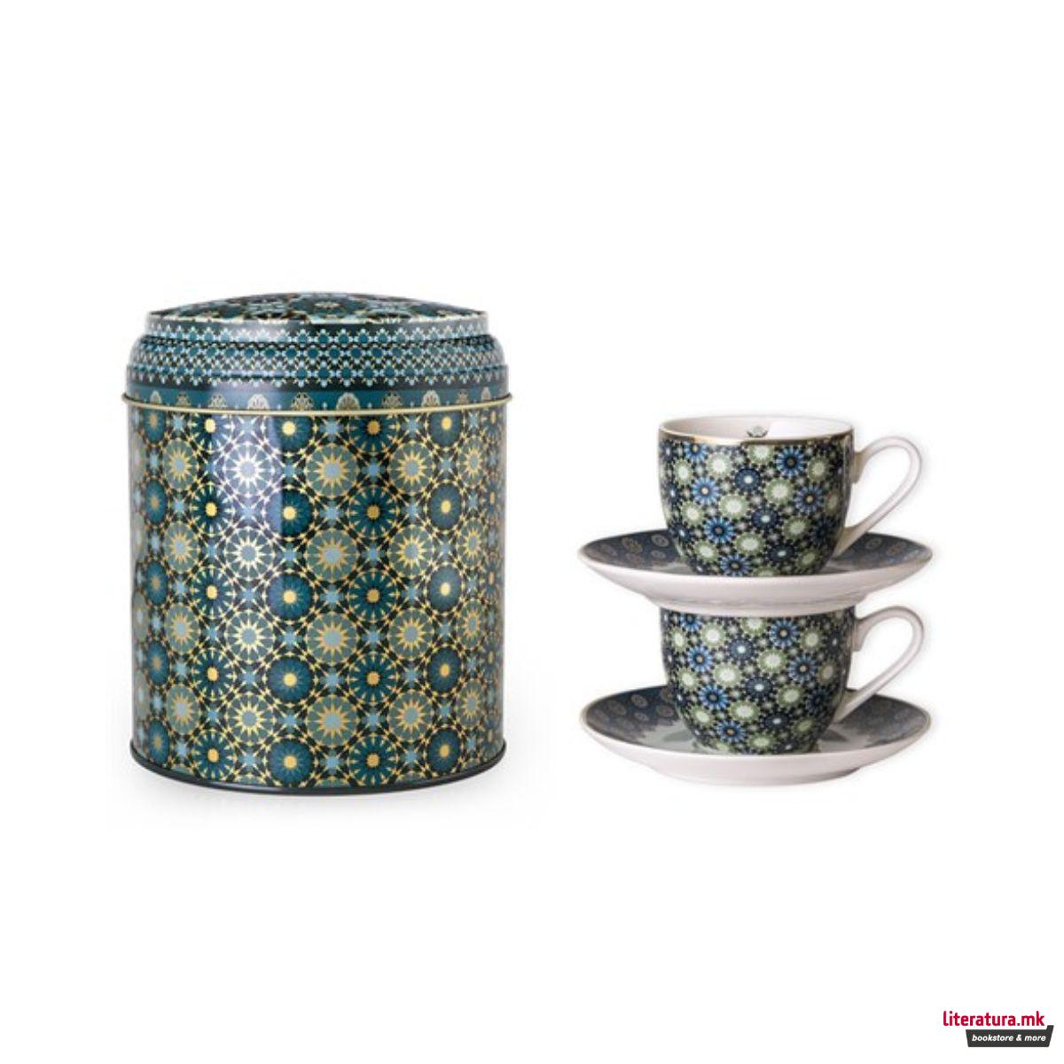 Сет од 2 шолји за кафе со тацни и метална кутија, Andalusia, 90ml 