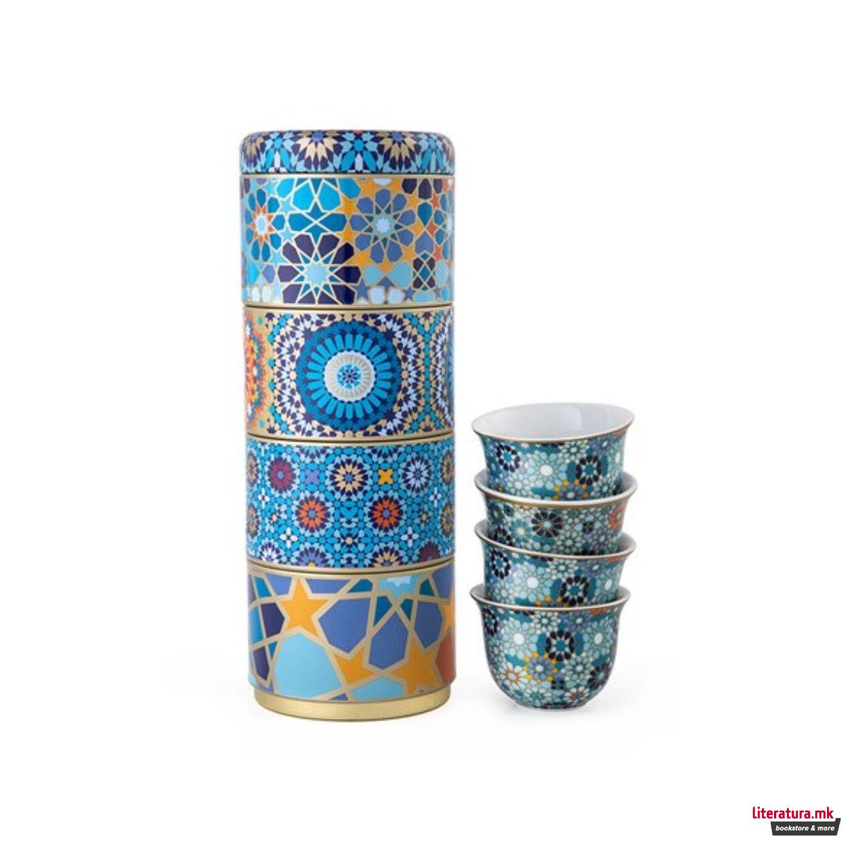 Сет од 4 шолји за кафе и метална кутија, Andalusia, 60ml 