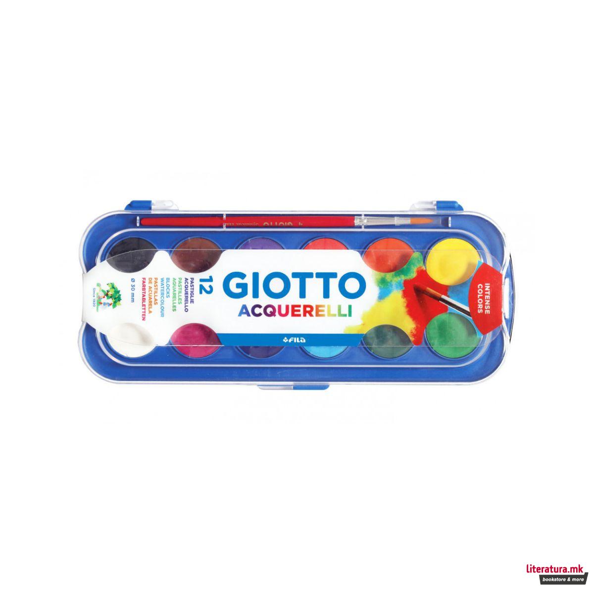 Водени бои, Giotto, Acquerelli, 12 бои + четка