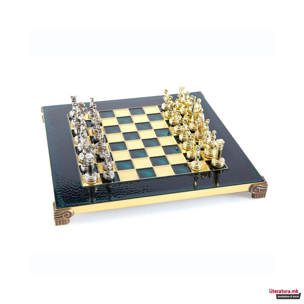 Сет за шах, Handcrafted Greek Roman Period, мал, зелен со златни/сребрени фигури 