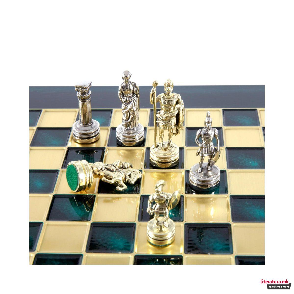 Сет за шах, Handcrafted Greek Roman Period, мал, зелен со златни/сребрени фигури 