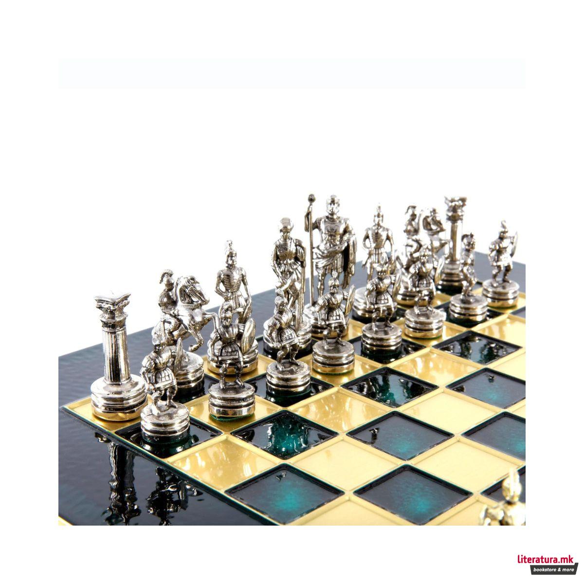 Сет за шах, Handcrafted Greek Roman Period, мал, зелен со златни/сребрени фигури 