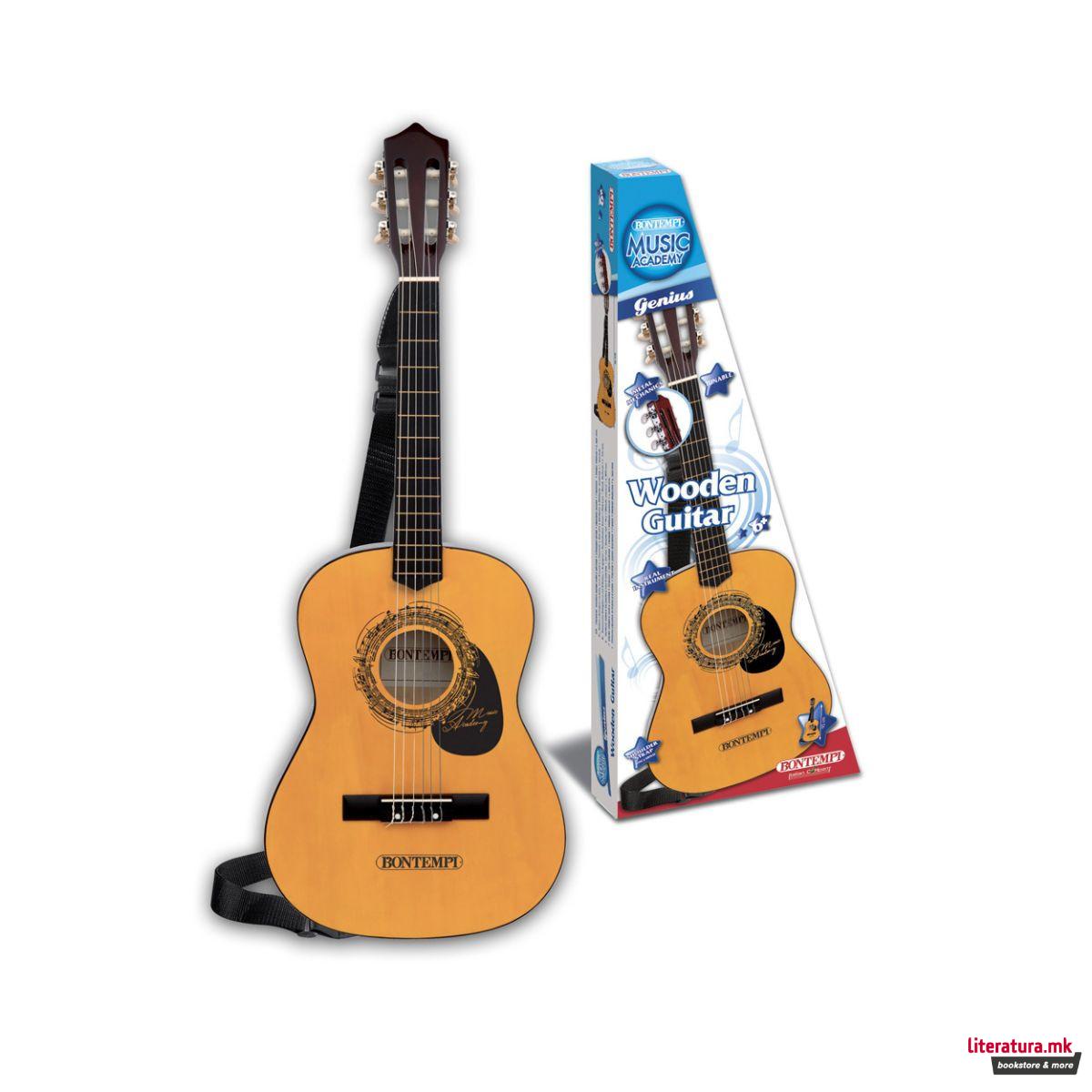 Дрвена гитара со ремен, Music Academy, Wooden Guitar, 6 жици