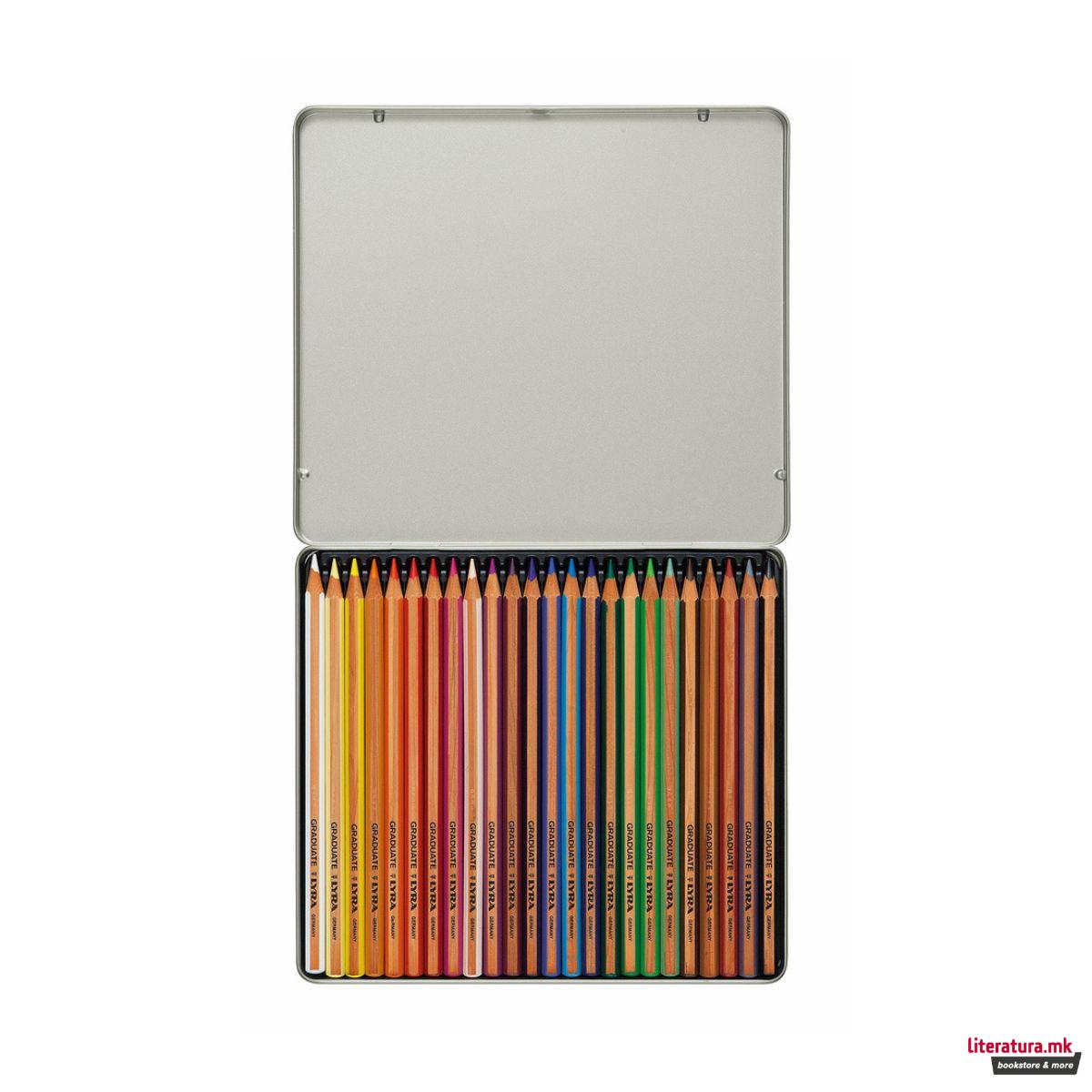 Дрвени боици во метална кутија, Lyra, Graduate, 24 бои 