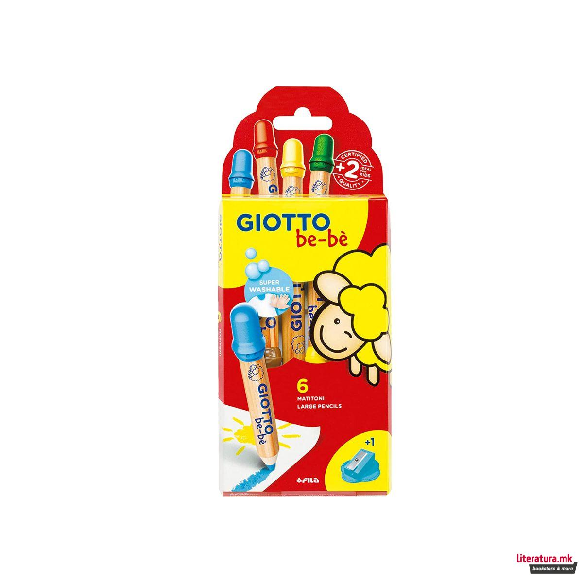Големи дрвени боици со острилка, Giotto be-bè, 6 бои