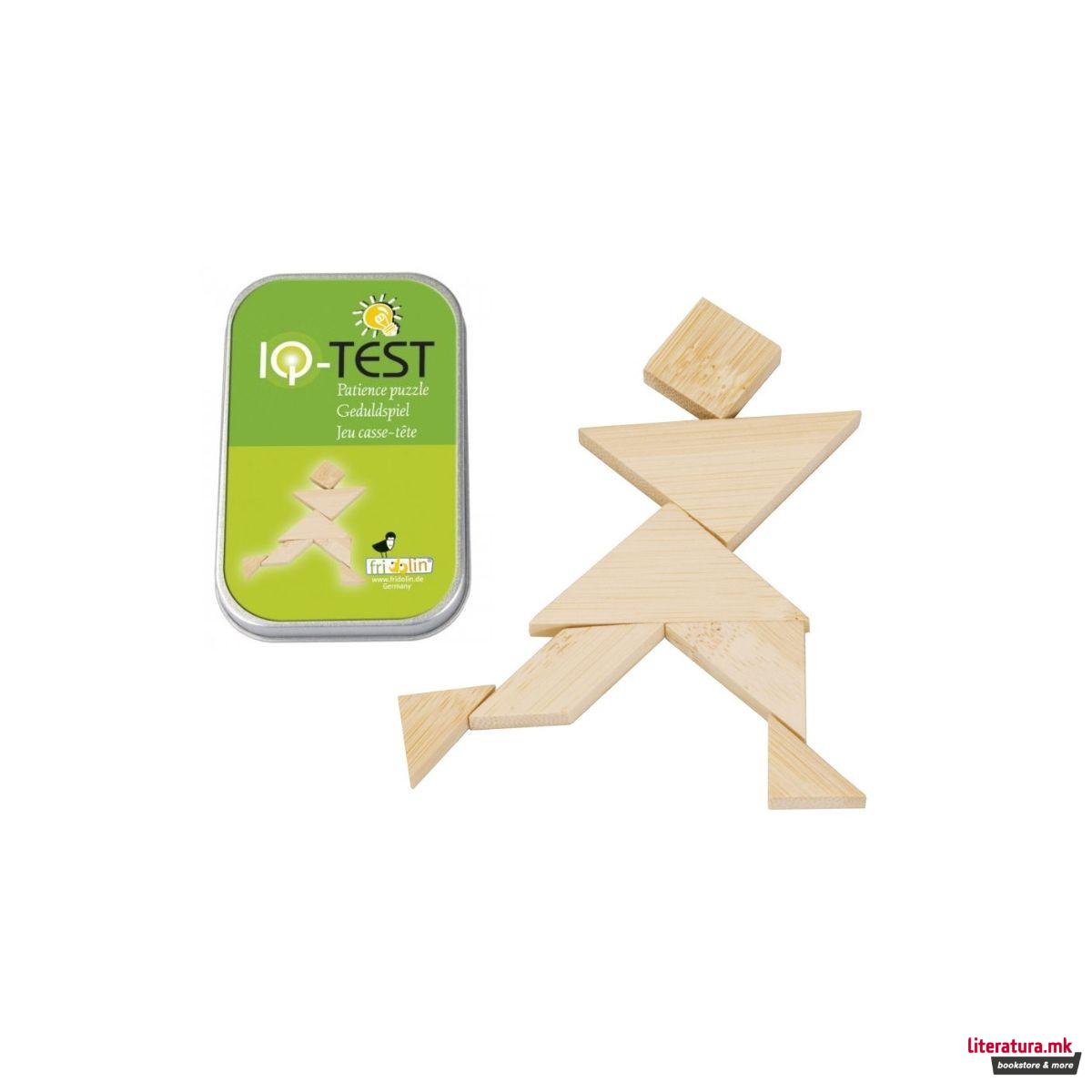 IQ тест, 3Д сложувалка од бамбус во метална кутија - Танграм 