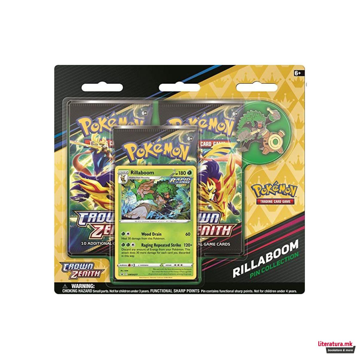 Сет карти со беџ, Pokemon: Crown Zenith - Rillaboom/Cinderace/Inteleon 