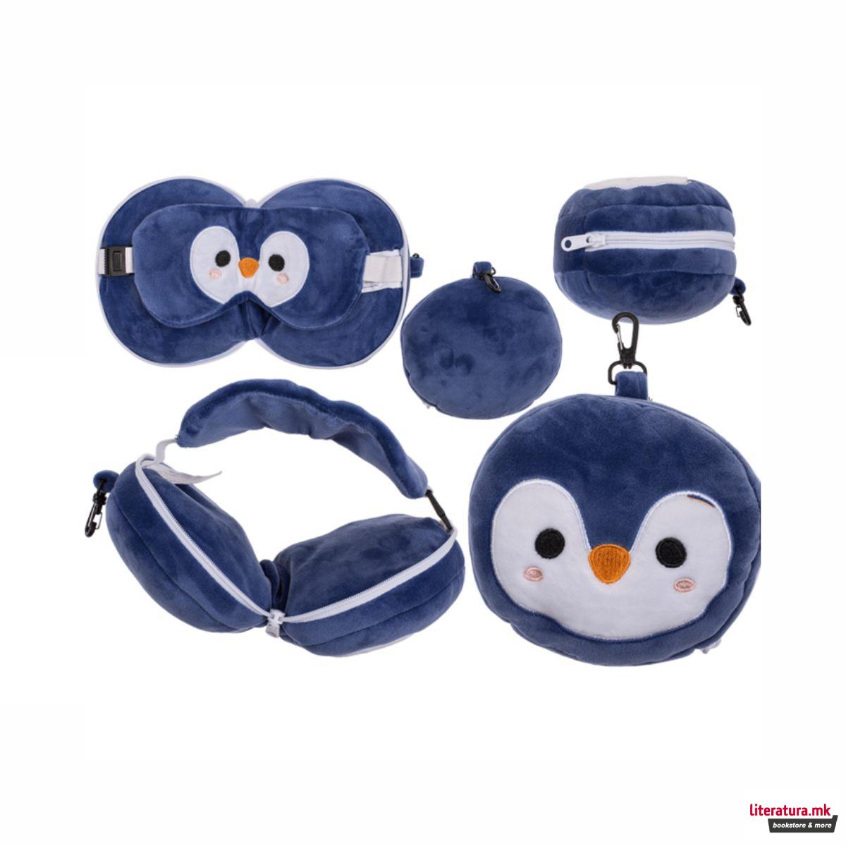 Детска плишана перница за патување со маска за очи - Пингвин 