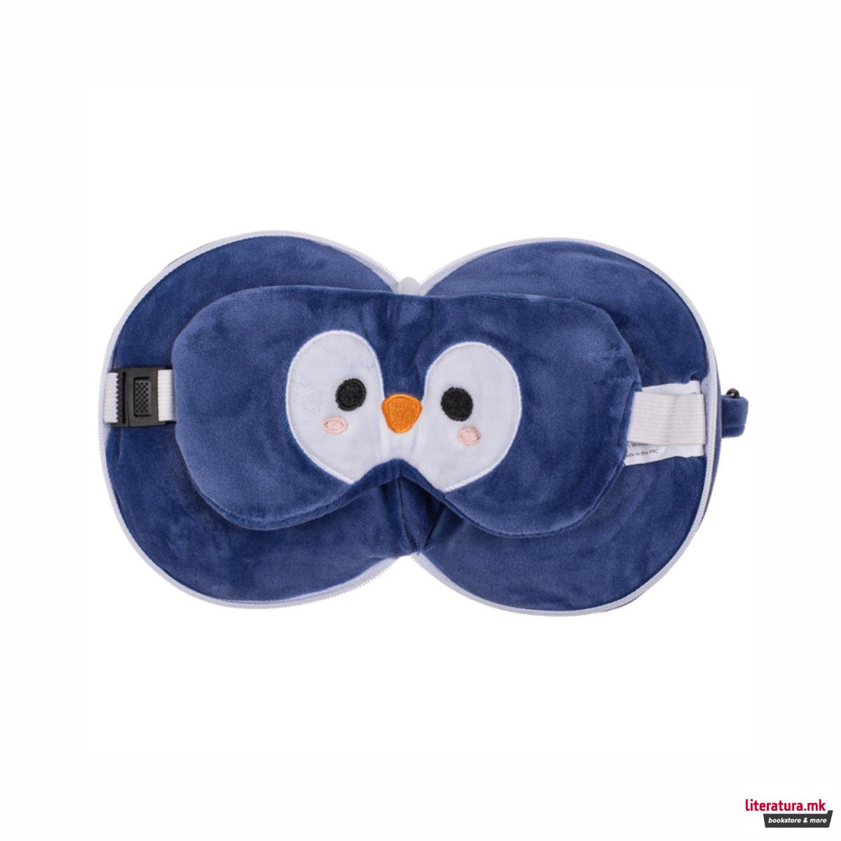 Детска плишана перница за патување со маска за очи - Пингвин 