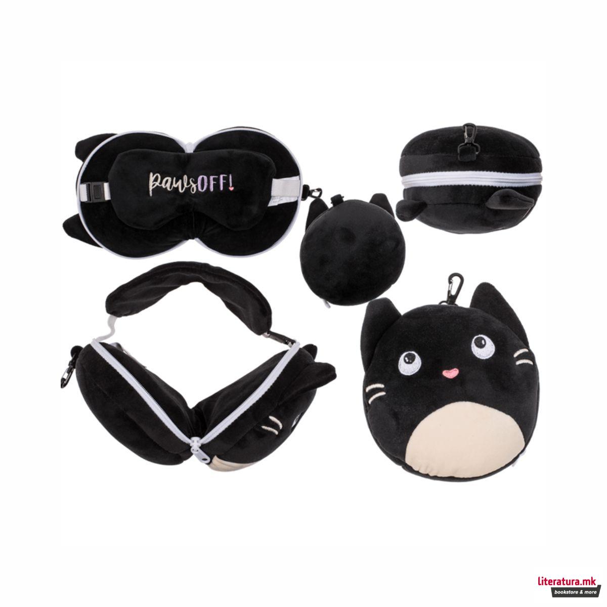 Детска плишана перница за патување со маска за очи - Маче 