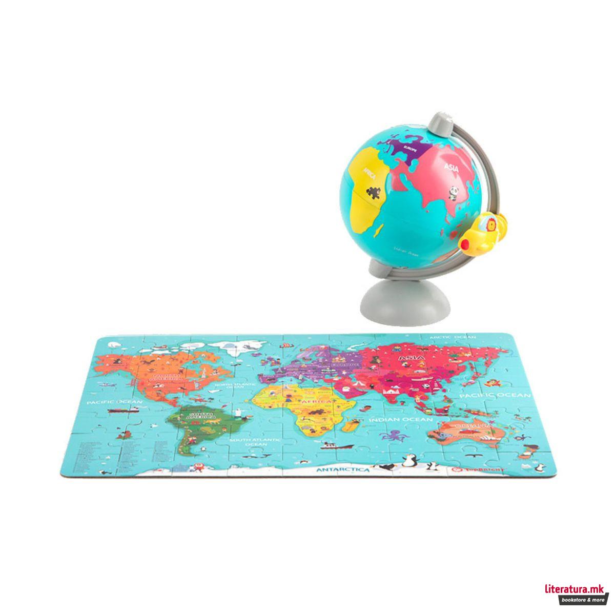 Дрвена сложувалка - Мапа на светот + глобус, 63 парчиња 