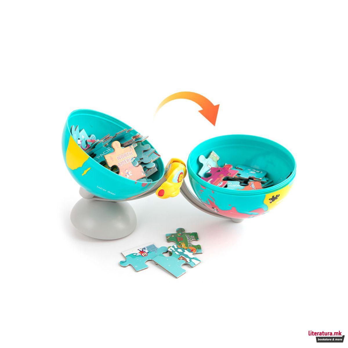 Дрвена сложувалка - Мапа на светот + глобус, 63 парчиња 