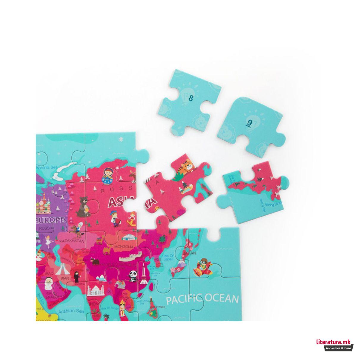 Дрвена сложувалка - Мапа на светот + глобус, 63 парчиња 