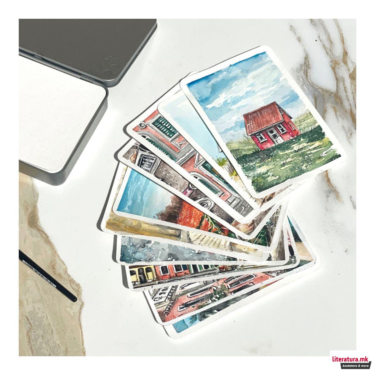 Акварелни разгледници во метална кутија, 230 g/cm², груба хартија, 30 парчиња 