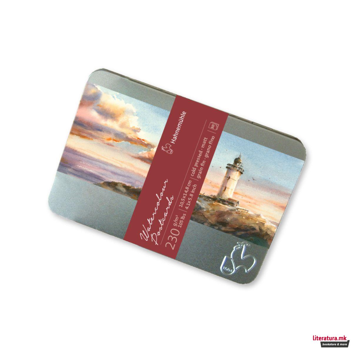 Акварелни разглeдници во метална кутија, 230 g/cm², ладно пресувани, 30 парчиња 