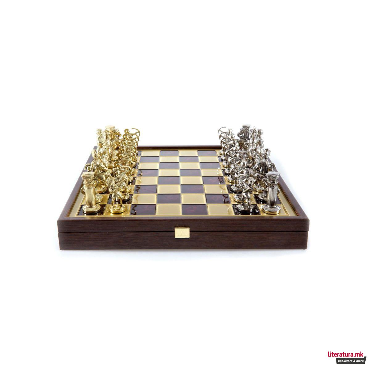 Сет за шах, Handcrafted Archers Set, црвен со златни/сребрени фигури, голем 