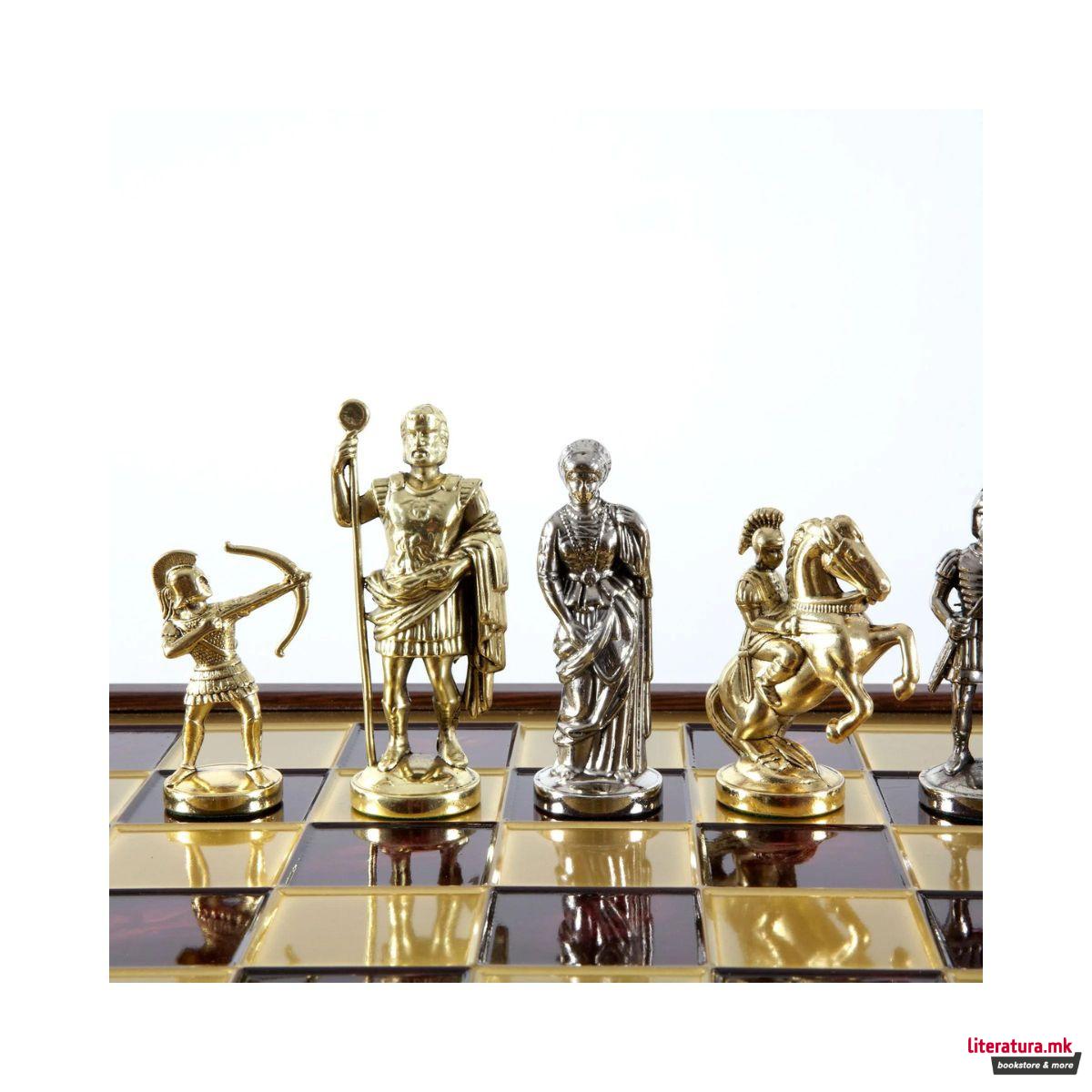 Сет за шах, Handcrafted Archers Set, црвен со златни/сребрени фигури, голем 