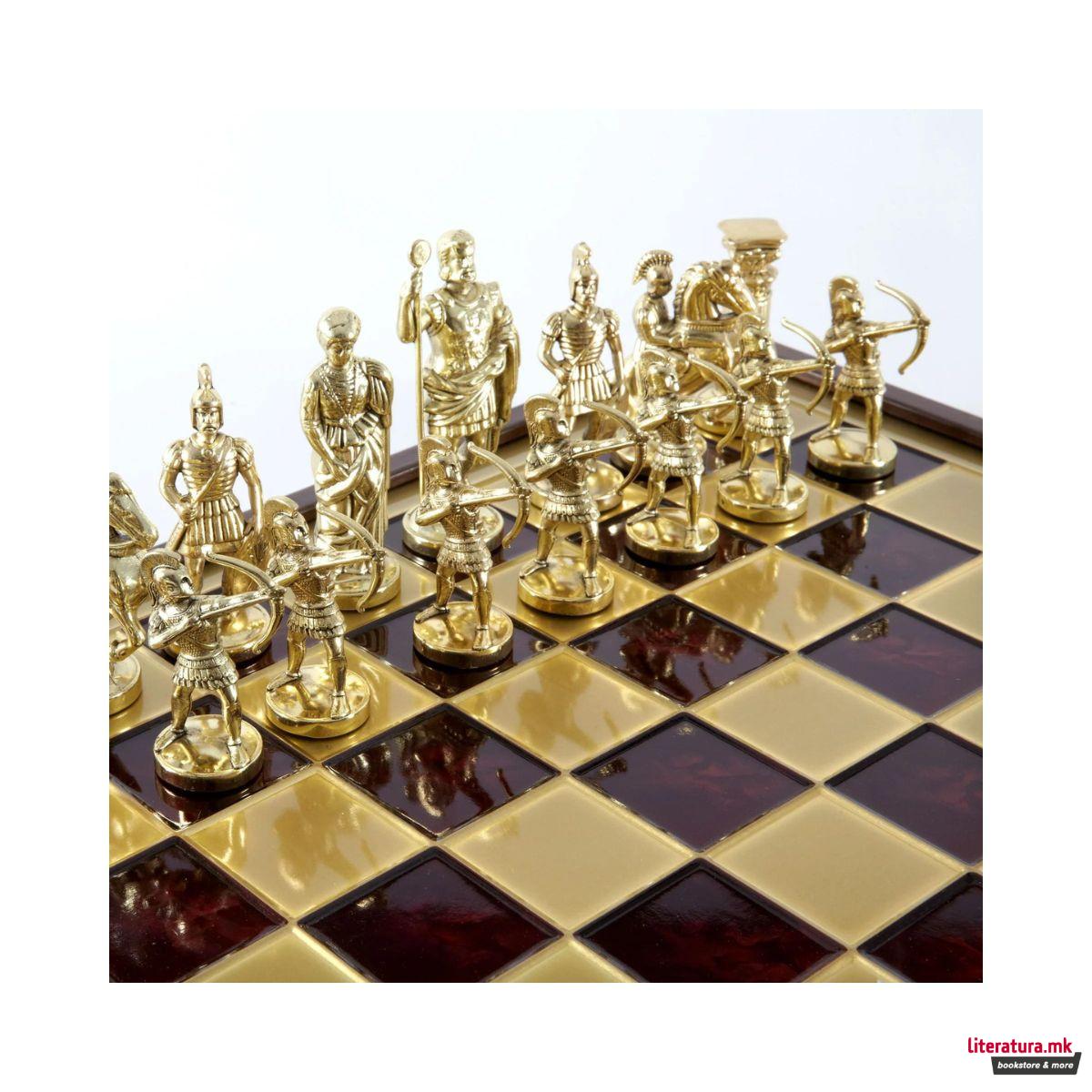 Сет за шах, Handcrafted Archers Set, црвен со златни/сребрени фигури, голем 