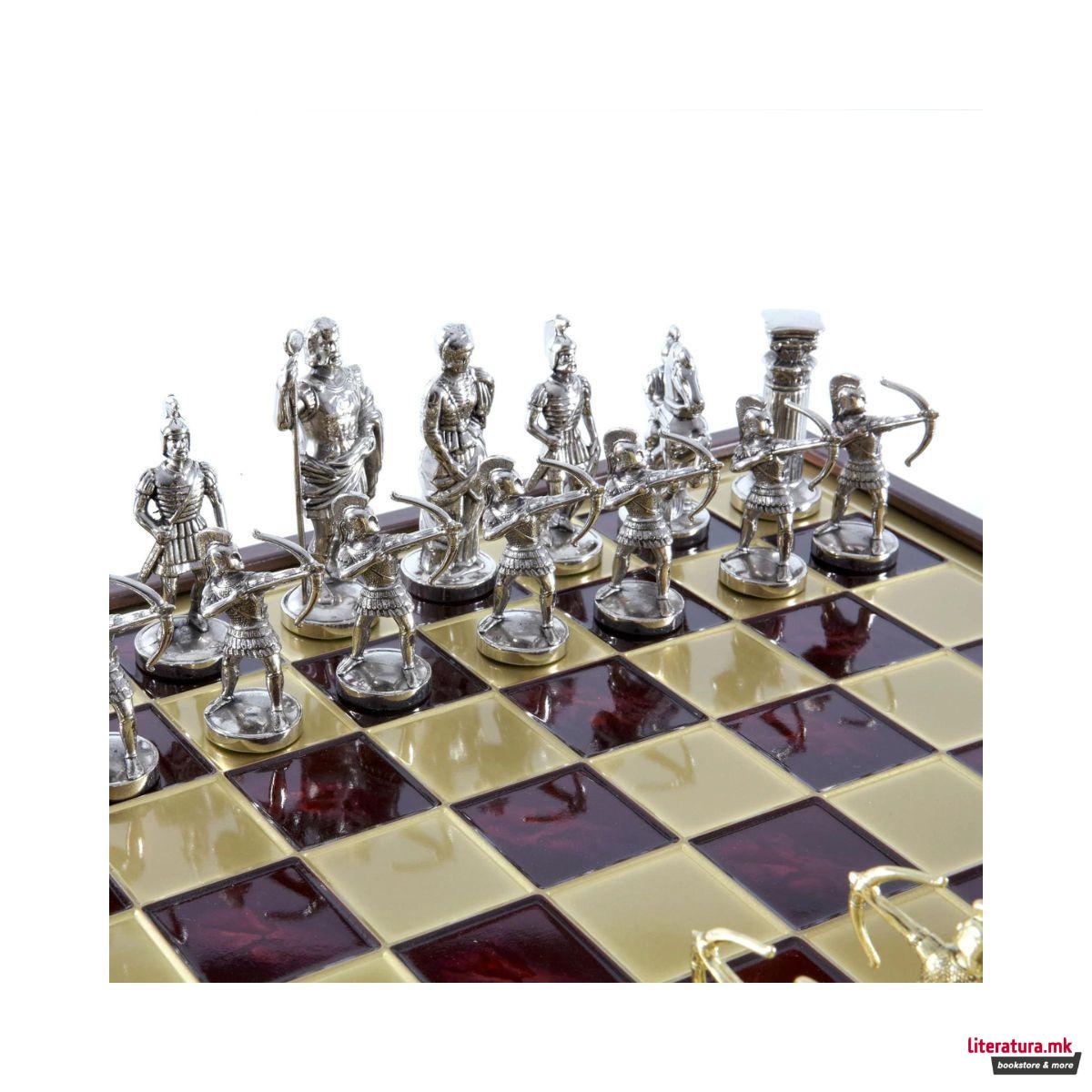 Сет за шах, Handcrafted Archers Set, црвен со златни/сребрени фигури, голем 