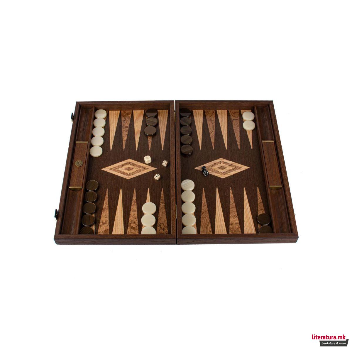 Сет за табла-рачна изработка, Wenge Inlaid Backgammon w/ Walnut Burl and Oak 