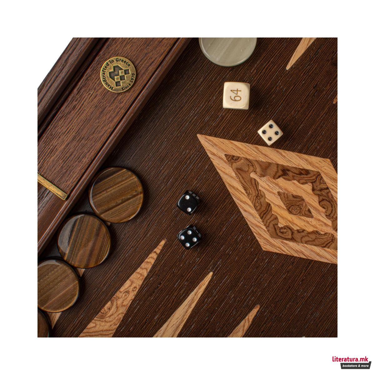 Сет за табла-рачна изработка, Wenge Inlaid Backgammon w/ Walnut Burl and Oak 