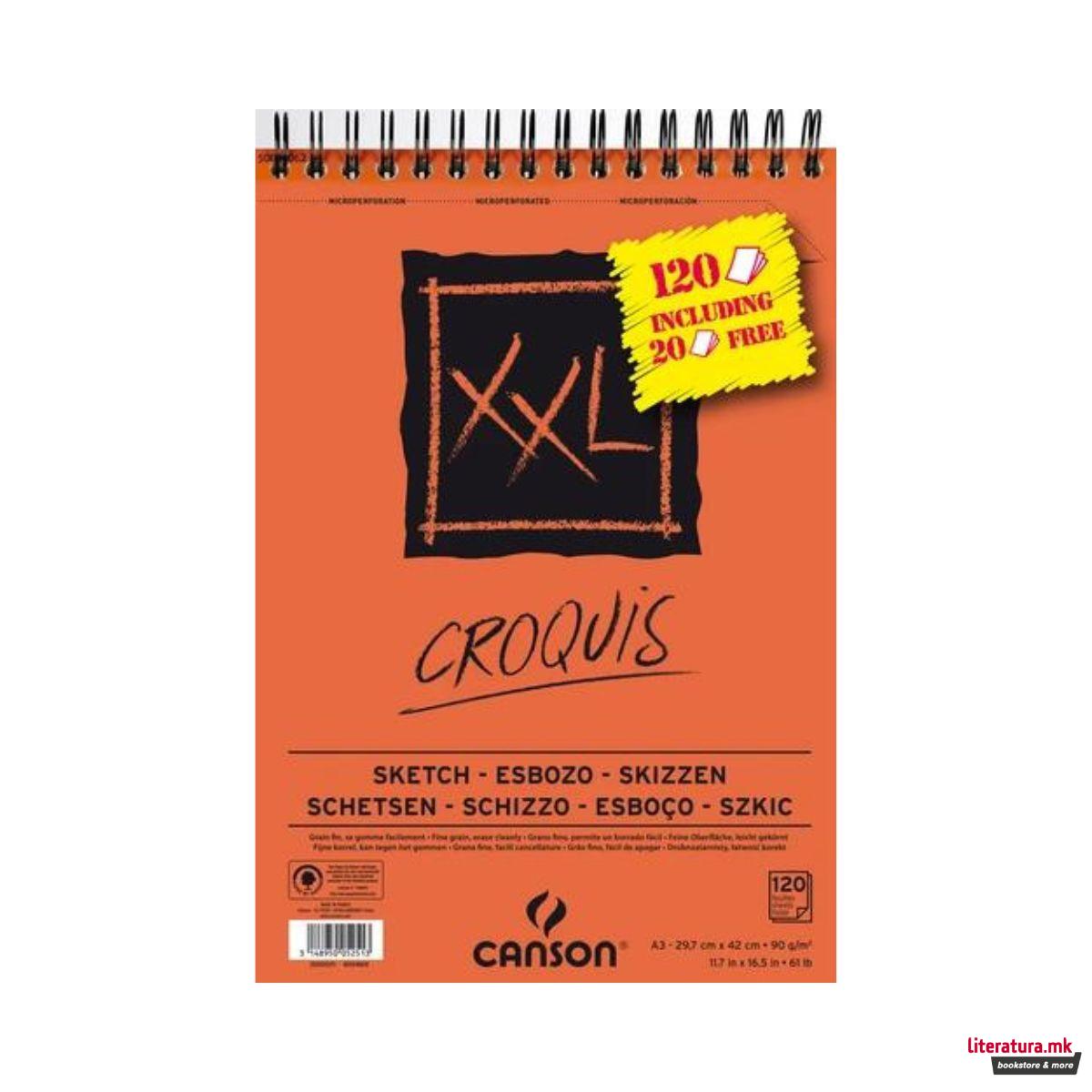 Скицник, Canson XXL Croquis, A3, 90 g/m², 120 листови 
