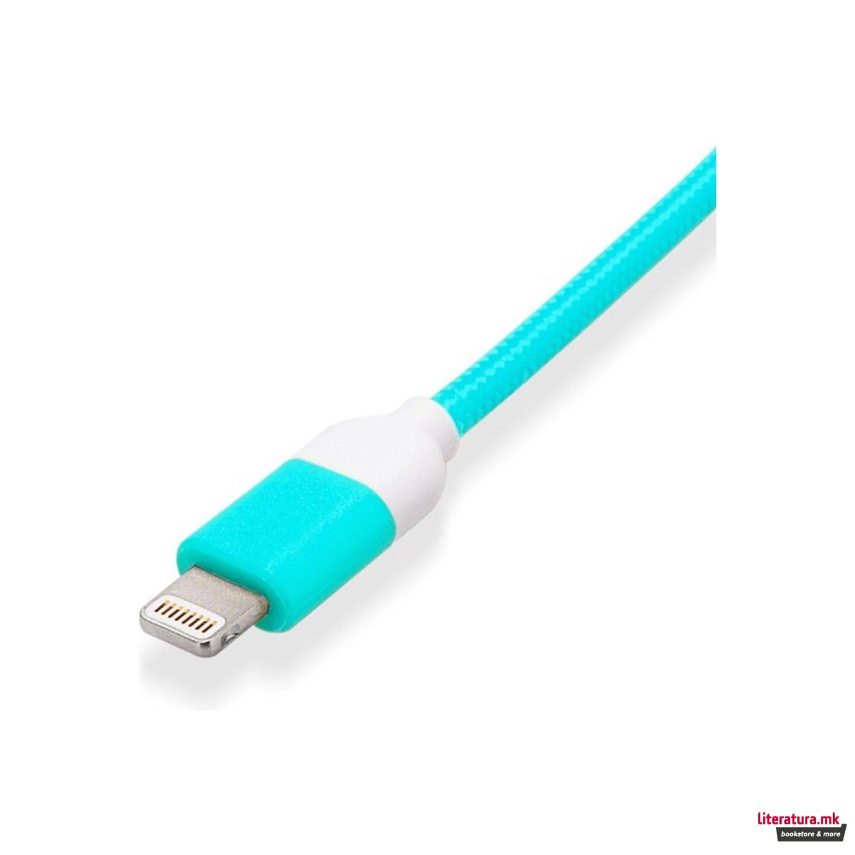 USB кабел за iPhone/iPad, Pantone - Lightning, тиркизен, 1м 