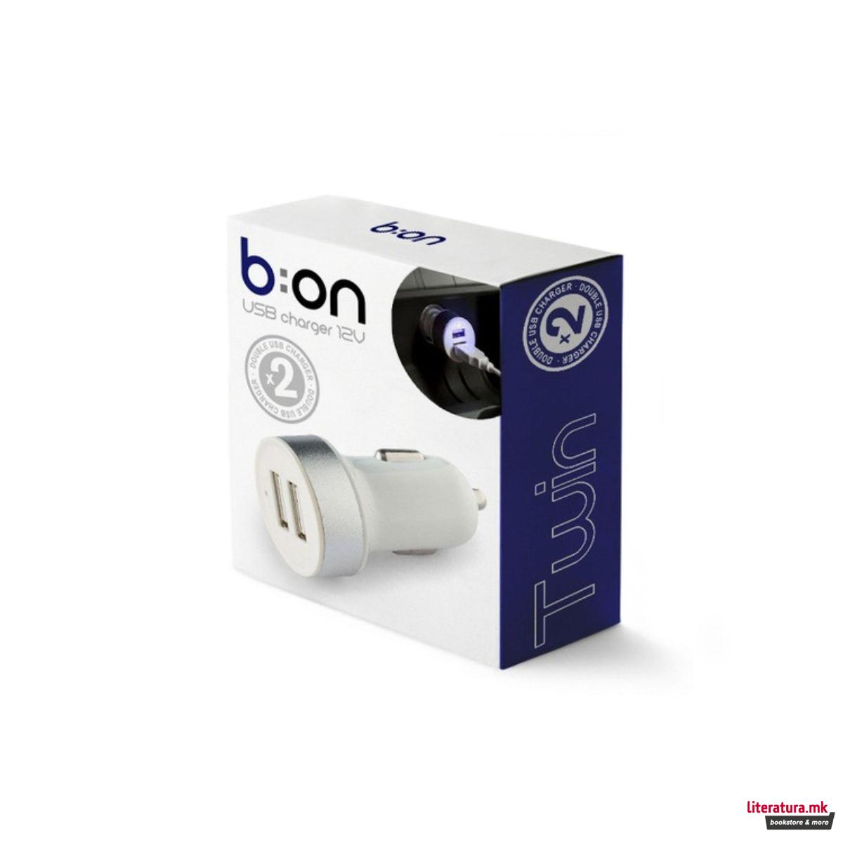 USB полнач за во автомобил, Twin, 12V 