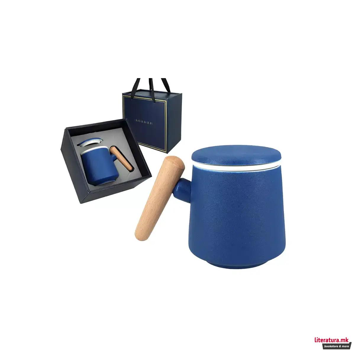 Шолја со керамичка цедалка и поклопка, сина, 400 ml 