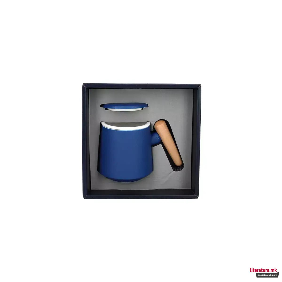 Шолја со керамичка цедалка и поклопка, сина, 400 ml 