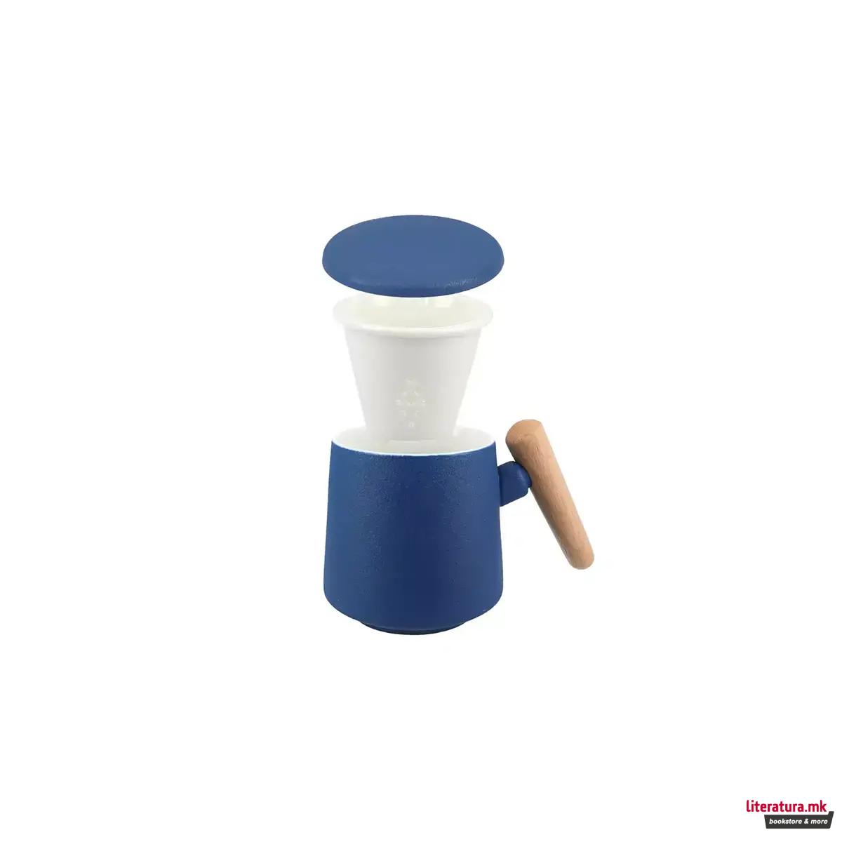 Шолја со керамичка цедалка и поклопка, сина, 400 ml 